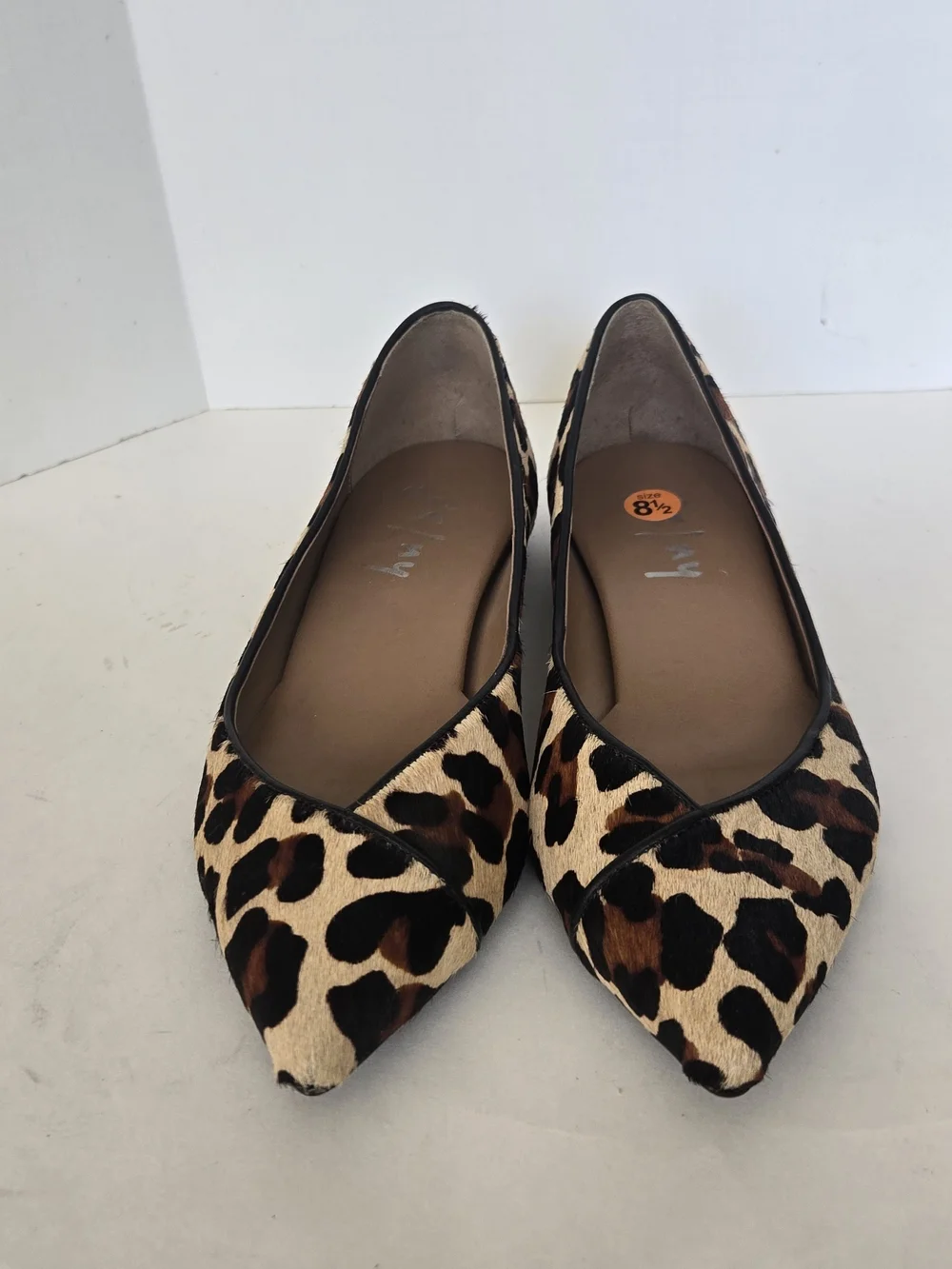 French Sole Leopard-Print Calf Hair Pointed Flats in Tan and Brown